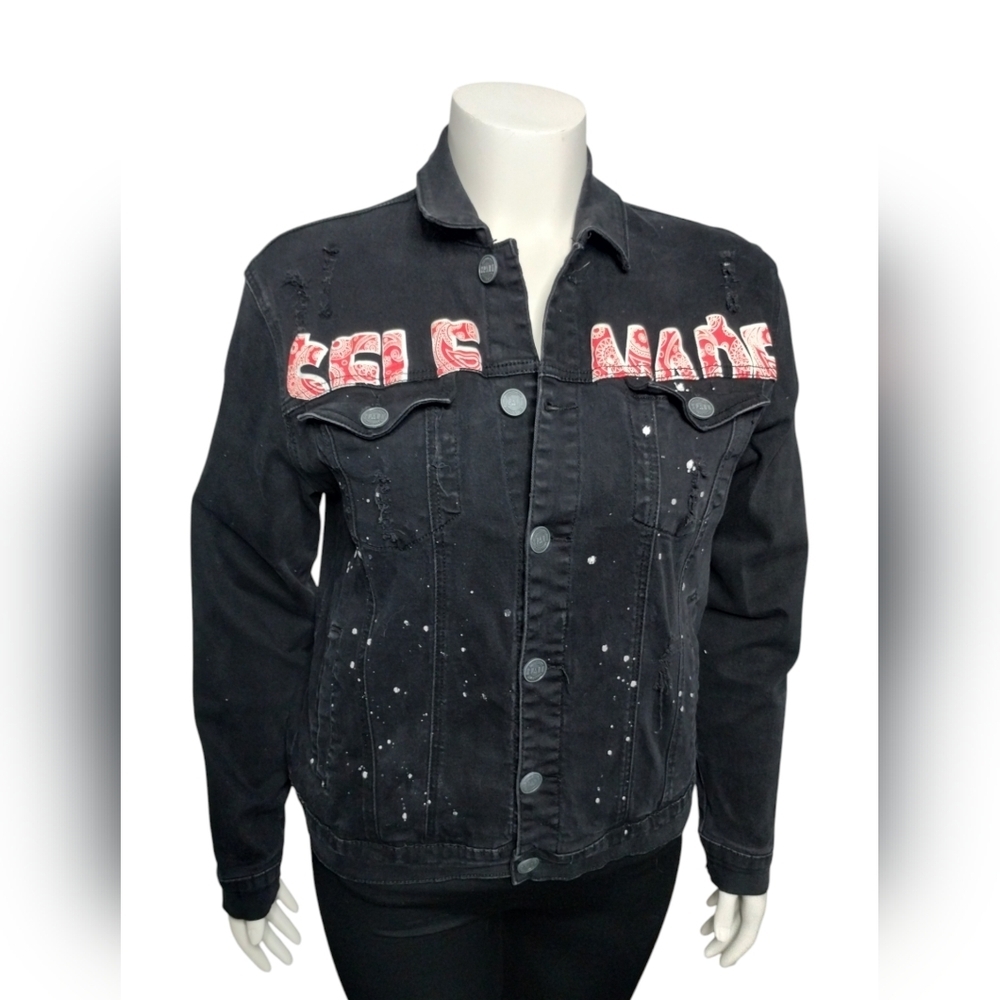 SPARK  Distressed BLK Denim L Jacket‎ "SELF MADE" Streetwear Grungecore Punkrock